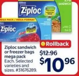 Walmart Ziploc sandwich or freezer bags mega pack offer