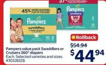 Walmart Pampers value pack Swaddlers or Cruisers 360° diapers offer