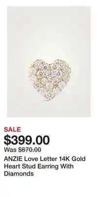 Holt Renfrew ANZIE Love Letter 14K Gold Heart Stud Earring With Diamonds offer