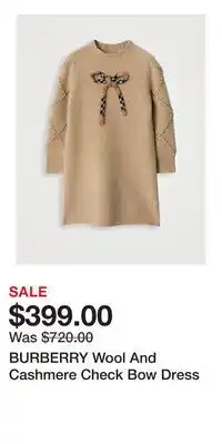 Holt Renfrew BURBERRY Wool And Cashmere Check Bow Dress offer