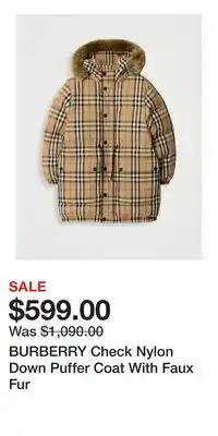 Holt Renfrew BURBERRY Check Nylon Down Puffer Coat With Faux Fur offer
