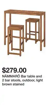 IKEA NÄMMARÖ Bar table and 2 bar stools, outdoor, light brown stained offer