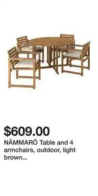 IKEA NÄMMARÖ Table and 4 armchairs, outdoor, light brown stained/Kuddarna light gray-beige offer