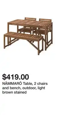IKEA NÄMMARÖ Table, 2 chairs and bench, outdoor, light brown stained offer
