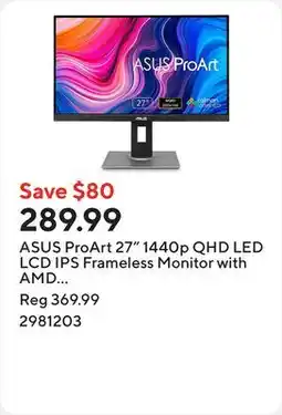 Staples ASUS ProArt 27 1440p QHD LED LCD IPS Frameless Monitor with AMD FreeSync - PA278QV offer
