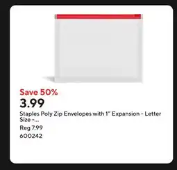 Staples Staples Poly Zip Envelopes with 1 Expansion - Letter Size - Assorted Colours offer