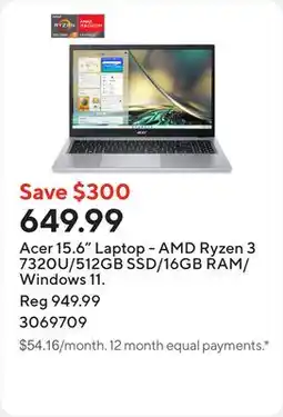 Staples Acer 15.6 Laptop - AMD Ryzen 3 7320U/512GB SSD/16GB RAM/Windows 11 offer