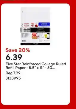 Staples Five Star Reinforced College Ruled Refill Paper - 8.5 x 11 - 80 Sheets offer