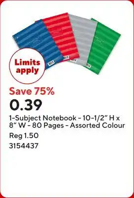 Staples 1-Subject Notebook - 10-1/2 H x 8 W - 80 Pages - Assorted Colour offer