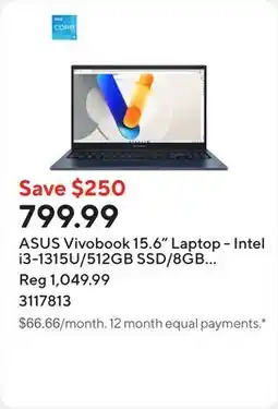 Staples ASUS Vivobook 15.6 Laptop - Intel i3-1315U/512GB SSD/8GB RAM/Windows 11 Home offer