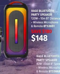 2001 Audio Video BTS3651 RAGE BLUETOOTH PARTY SPEAKER offer