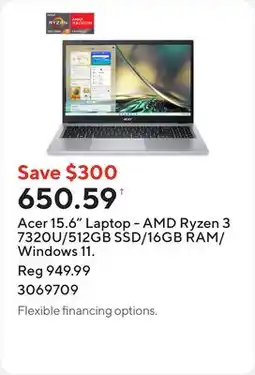 Staples Acer 15.6 Laptop - AMD Ryzen 3 7320U/512GB SSD/16GB RAM/Windows 11 offer