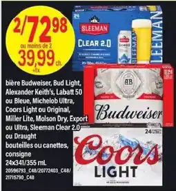 Maxi Bière budweiser, bud light, alexander keith's, labatt 50 ou bleue, michelob ultra, coors light ou original, miller lite, mols offer