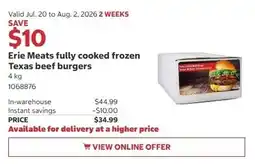 Costco Erie Meats fully cooked frozen Texas beef burgers offer