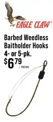 Cabela's EAGLE CLAW Barbed Weedless Baitholder Hooks offer