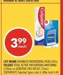 Shoppers Drug Mart LIFE BRAND advanced interdental picks colgate total active prevention+whitening or sensitive pro-relief toothpaste offer