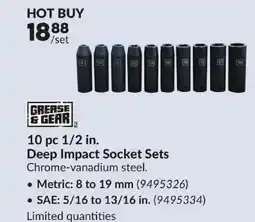 Princess Auto GREASE & GEAR 10 pc 1/2 in Deep Impact Socket Sets offer