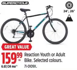 Canadian Tire Reaction Youth or Adult Bike Selected colours offer