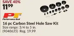Princess Auto PERFORMANCE TOOL 16 pc Carbon Steel Hole Saw Kit offer