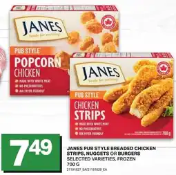 Freshmart Janes pub style breaded chicken strips, nuggets or burgers offer