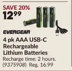 Princess Auto EVERGEAR 4 pk AAA USB-C Rechargeable Lithium Batteries offer