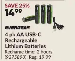 Princess Auto EVERGEAR 4 pk AA USB-C Rechargeable Lithium Batteries offer