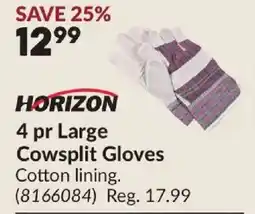 Princess Auto HORIZON 4 pr Large Cowsplit Gloves offer