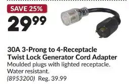 Princess Auto 30A 3-Prong to 4-Receptacle Twist Lock Generator Cord Adapter offer