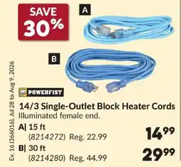 Princess Auto POWERFIST 14/3 Single-Outlet Block Heater Cords offer