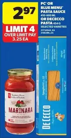 Real Canadian Superstore Pc or blue menu pasta sauce or dececco pasta offer