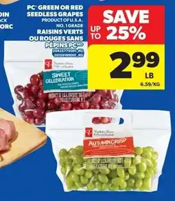 Real Canadian Superstore Pc green or red seedless grapes raisins verts ou rouges sans pepins pc offer