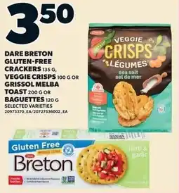Loblaws Dare breton gluten-free crackers, veggie crisps or grissol melba toast or baguettes offer