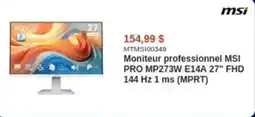 Canada Computers Moniteur professionnel MSI PRO MP273W E14A 27" FHD 144 Hz 1 ms (MPRT) offer