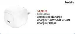 Canada Computers Belkin BoostCharge Chargeur 45W USB-C GaN Chargeur Block offer