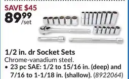 Princess Auto 23 pc SAE: 1/2 to 15/16 in. (deep) and 7/16 to 1-1/18 in. (shallow). 1/2 in. dr Socket Sets offer