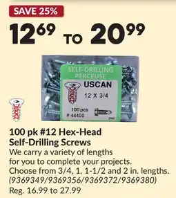 Princess Auto 100 pk #12 Hex-Head Self-Drilling Screws offer
