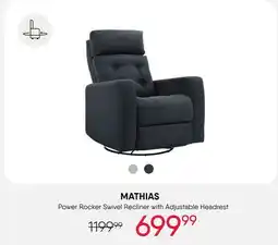 Meubles RD Mathias - Power Rocker Swivel Recliner with Adjustable Headrest offer