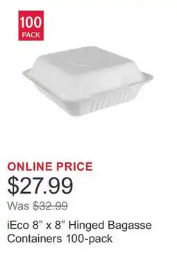 Costco iEco 8 x 8 Hinged Bagasse Containers 100-pack offer