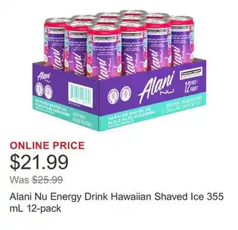 Costco Alani Nu Energy Drink Hawaiian Shaved Ice 355 mL 12-pack offer