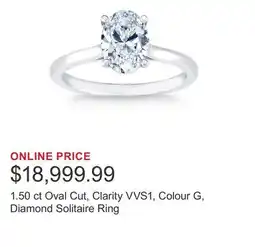 Costco 1.50 ct Oval Cut, Clarity VVS1, Colour G, Diamond Solitaire Ring offer