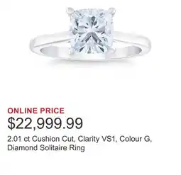 Costco 2.01 ct Cushion Cut, Clarity VS1, Colour G, Diamond Solitaire Ring offer
