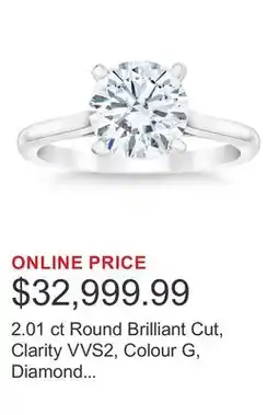 Costco 2.01 ct Round Brilliant Cut, Clarity VVS2, Colour G, Diamond Solitaire Ring offer