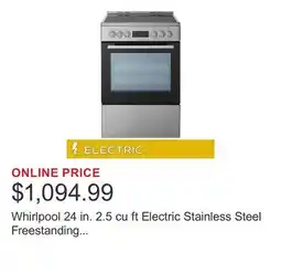 Costco Whirlpool 24 in. 2.5 cu ft Electric Stainless Steel Freestanding Range with Air Fry offer