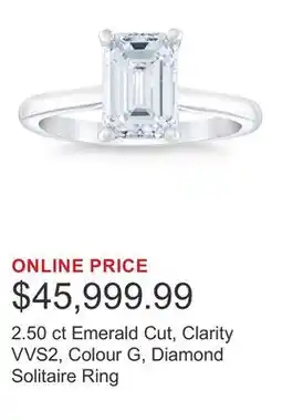 Costco 2.50 ct Emerald Cut, Clarity VVS2, Colour G, Diamond Solitaire Ring offer