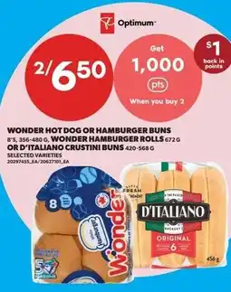 Real Canadian Superstore Wonder hot dog or hamburger buns, wonder hamburger rolls or d'italiano crustini buns offer