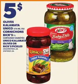 Provigo OLIVES KALAMATA UNICO, 375 ML OU CORNICHONS BICK'S, 1 L | UNICO KALAMATA OLIVES OR BICK'S PICKLES offer