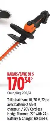 Canadian Tire WORX 20V Cordless Hedge Trimmer, 22 with 2Ah Battery & Charger offer