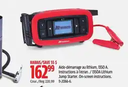 Canadian Tire Motomaster 1350A Lithium Jump Starter. On-screen instructions offer