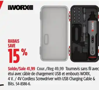 Canadian Tire WORX 4V Cordless Screwdriver with USB Charging Cable & Bits offer