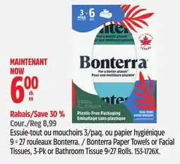 Canadian Tire Bonterra Paper Towels or Facial Tissues, 3-Pk or Bathroom Tissue 9=27 Rolls offer